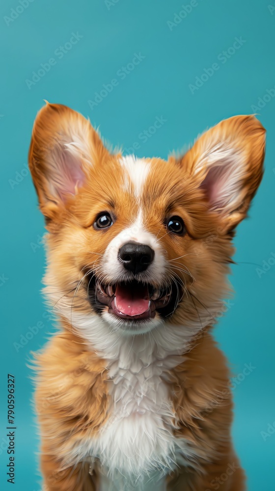 Corgi puppy with a joyous smile, royal blue background