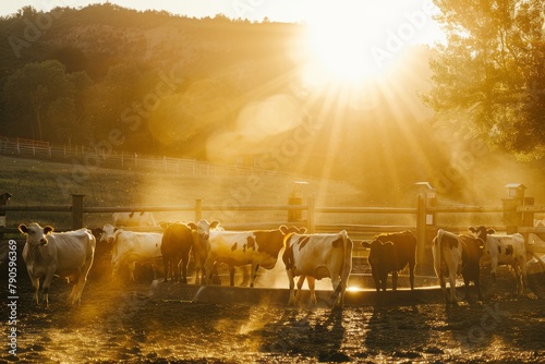 Tranquil beauty meets sustainability in this picturesque image of cows gathered around a watering trough at sunset in a harmonious setting.