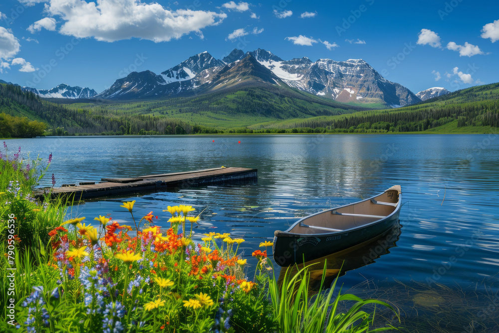 A tranquil canoe is positioned beside a serene lake, hugged by majestic snow-capped mountains, with the water reflecting the azure sky above. A tranquil canoe is positioned beside a serene lake, hugged by majestic snow-capped mountains, with the water reflecting the azure sky above.