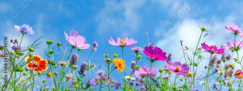 Vibrant, fully blooming wildflowers, including different colored daisies and cosmos set against a clear blue sky. © Image
