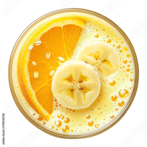 A glass of orange banana vanilla yogurt smoothie top view isolated on transparent background Remove png, Clipping Path, pen tool