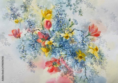 A bouquet of spring flowers watercolor background