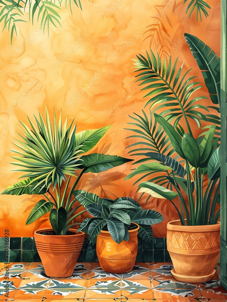 Terracotta  Terracotta pots with foliage on terracotta tiles