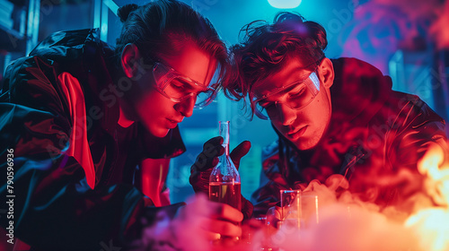 Two young men in a laboratory mixing chemicals