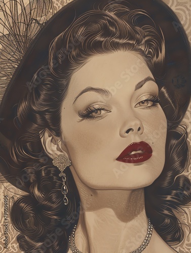 Vintage Hollywood , Old Hollywood glam in sepia with ruby red highlights photo