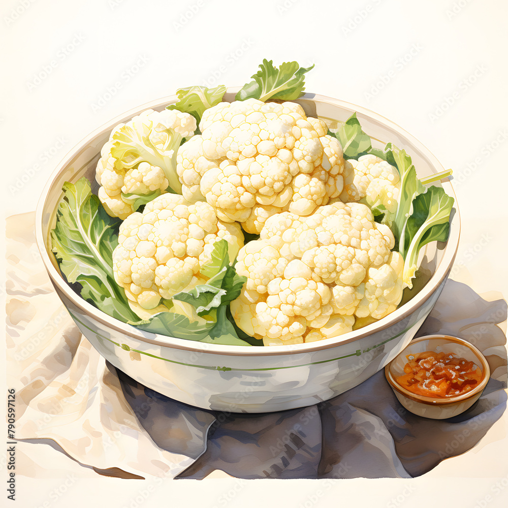 Cauliflower in Ceramic Bowl, vegetable, full body, watercolor illustration, single object, isolate on white background for removing background.