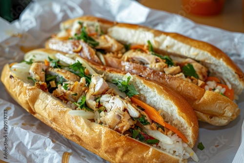 On a white sheet of paper on a table, chicken with rice and veggies sandwiched in French bread like a hoagie.