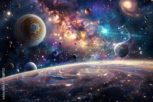 A beautiful space scene with many planets and stars