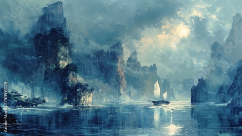 Mystical maritime landscape with sailboat navigating through foggy coastal cliffs