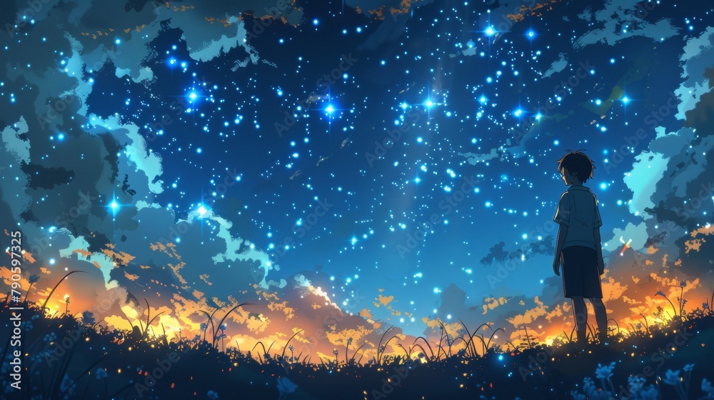 Dazzling night sky with constellation patterns and orange nebula accents