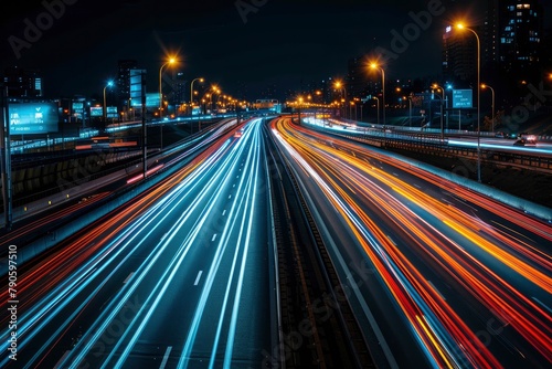 On the roadway at night, there are light automobile tracks.