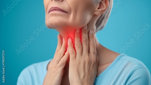 Healthcare, Cold and People Concept. Closeup of unrecognizable sick woman suffering from sore throat, ill lady touching neck with hand, inflamed red zone, banner, panorama, free copy space photo