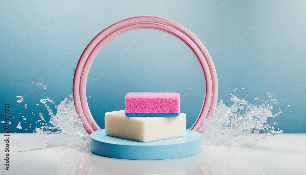 Product Presentation: 3D Rendering of Clean Pedestal with Sponge, Soap, Pink-Blue Frame