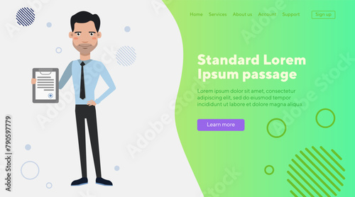 Business man with contract. Flat vector illustration. Young man in formal wear satisfied with sighing contract with partners. Agreement, manager, partnership concept for web design or banner
