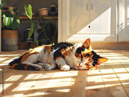Calico Cat Basking in Warm Sunlight on Kitchen Floor