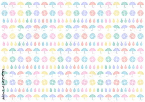 カラフルな傘と雨模様の背景イラスト