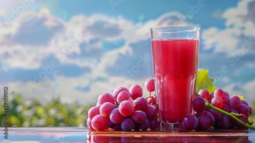 Artful display of clusters of grapes next to a glass of freshly squeezed juice, highlighting the freshness and origin of the drink, bright colors, clean background, Realistic HD characters