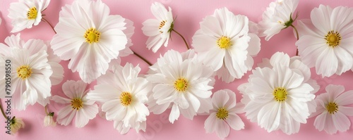 Cosmos flowers in white on a pink background