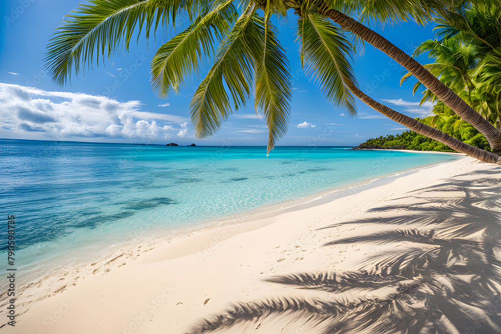 A paradise of the tropics on a white sand beach with swaying palm trees, turquoise water laps.