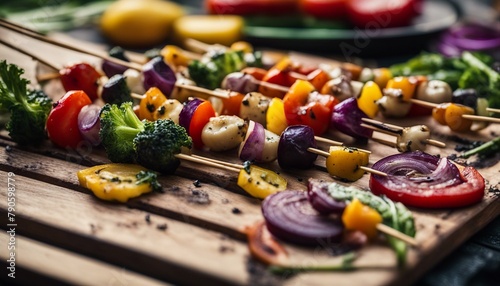 A colorful assortment of vegetables sits on top of a wooden chopping block near an outdoor cooking device with skewers inserted in it. The image captures the essence of fresh, healthy eating. photo