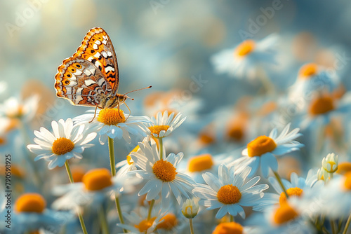 Beautiful wild flowers chamomile with butterfly on sunny autumn meadow © Gau