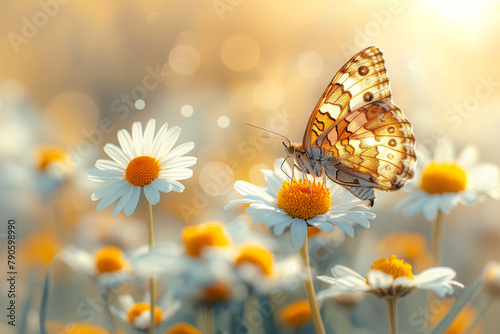 Beautiful wild flowers chamomile with butterfly on sunny autumn meadow
