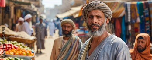 A locals in traditional attire against the backdrop of an Egyptian market.