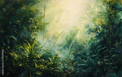 Mystical rainforest scene bathed in dappled sunlight with painterly brushstrokes in the foreground