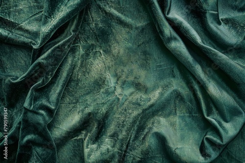 Abstract green velvet fabric with grunge texture, creased crumpled textile background, art nouveau style photo