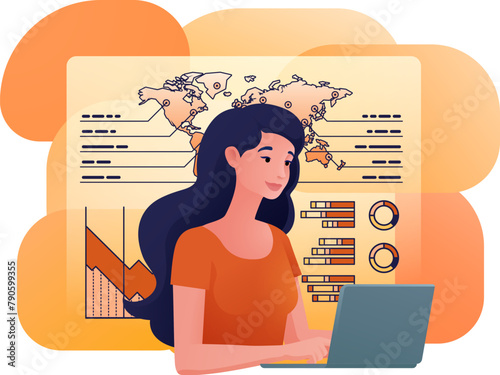 Woman business person student on laptop remote home working writing analysing website internet document infographic stats. Cartoon data analysis, financial stock market trading report finance concept.