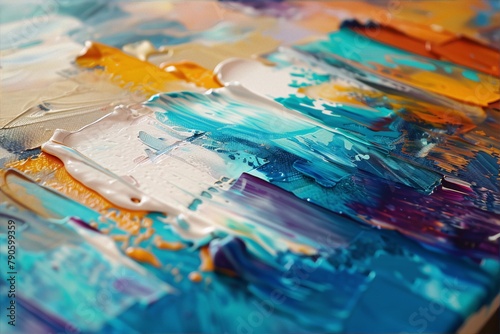 Thick oil paint in bright blue, white and yellow colors, with visible brush strokes, creates an abstract expressionist painting with a focus on texture and color.