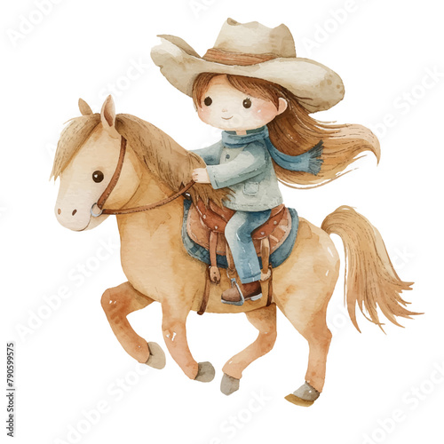 cow girl riding horse vector illustration in watercolor style