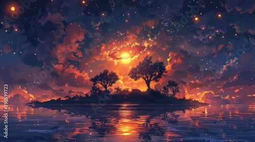Stunning island scene with vibrant orange sunset and starry night sky backdrop