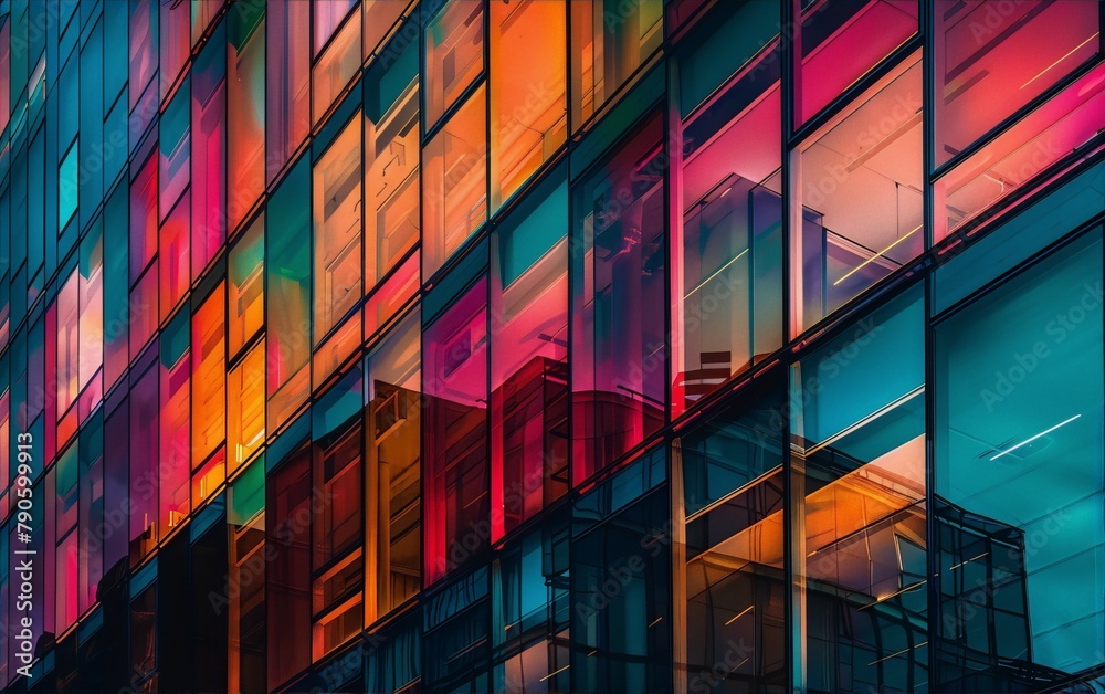 vibrant multicolored glass skyscraper facade reflecting the urban environment in an abstract geometric pattern vibrant multicolored glass skyscraper facade reflecting the urban environment in an abstract geometric pattern