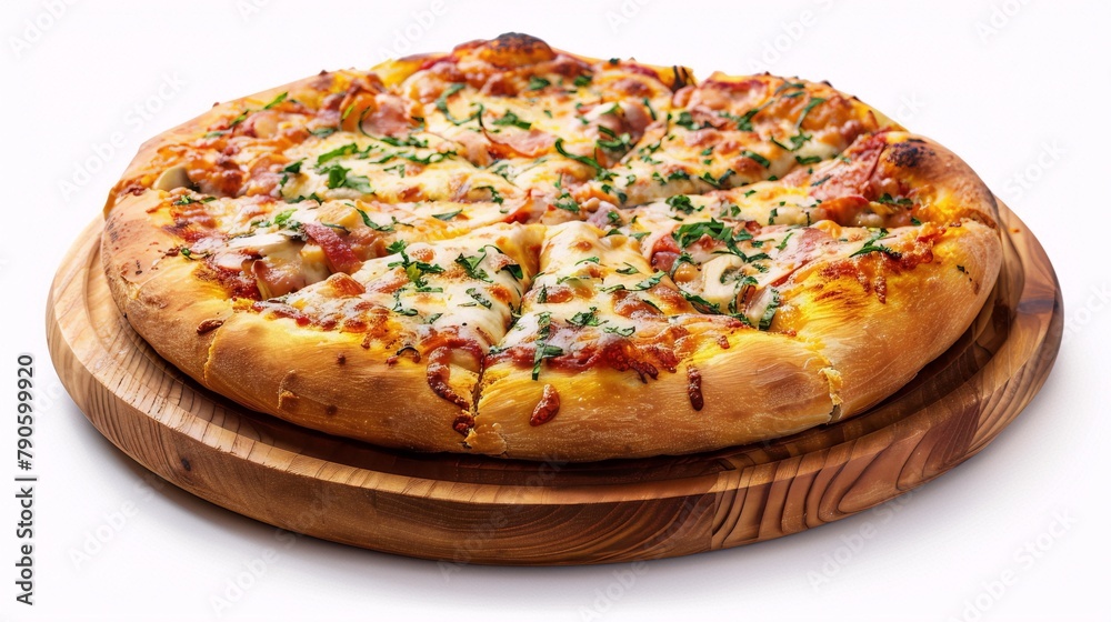 On a wooden surface, a delicious pizza, topped with cheese, mushrooms, and bacon, is presented, evoking a sense of culinary delight. On a wooden surface, a delicious pizza, topped with cheese, mushrooms, and bacon, is presented, evoking a sense of culinary delight.