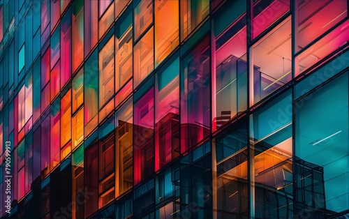 vibrant multicolored glass skyscraper facade reflecting the urban environment in an abstract geometric pattern