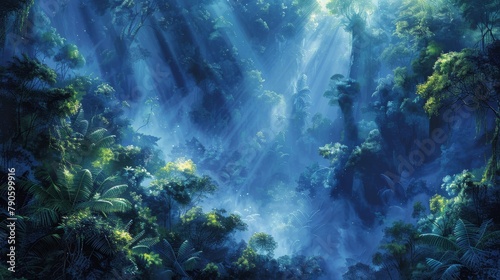 Mystical jungle scene with atmospheric blue tones and dense foliage