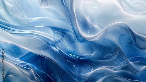 Blue and white translucent wavy shapes resembling an abstract painting, with a 3D rendering style and a futuristic feel.