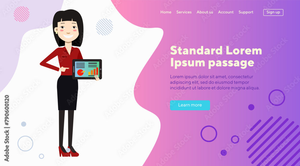 Smiling Asian business woman with charts on tablet screen. Flat vector illustration. Young woman making presentation. Business, analysis, marketing concept for web design, banner or landing page Smiling Asian business woman with charts on tablet screen. Flat vector illustration. Young woman making presentation. Business, analysis, marketing concept for web design, banner or landing page