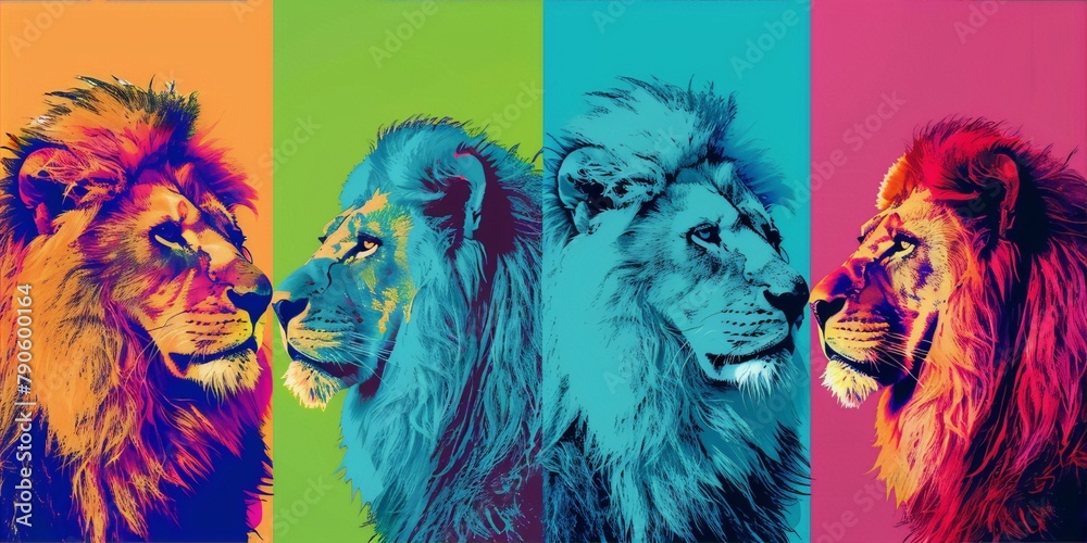 Four lions with blue, pink, yellow and red colors in a fauvism style