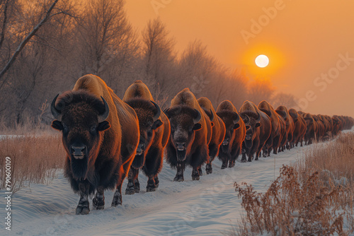 American Bison walking out in the snow at sunset