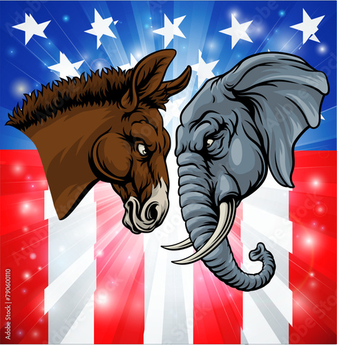 Republican and democrat elephant and donkey facing off American election party politics concept