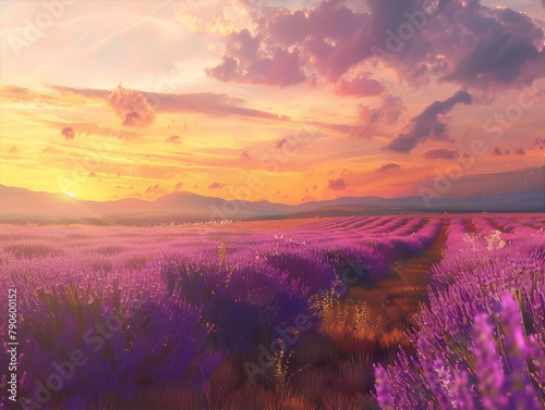 Lavender field at sunset in purple and orange colors with clouds in the sky and mountains in the background in impressionism style