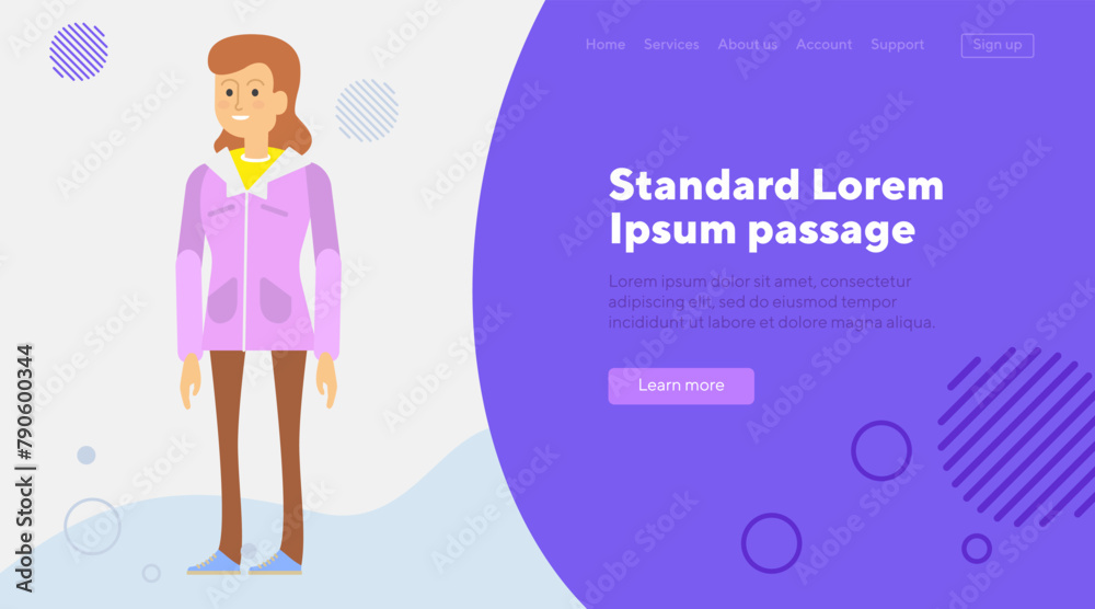 Student girl in wind jacket and trousers. Girl planning to go to trip. Flat vector illustration. Tourism, school, college, journey concept for web design, banner or landing page Student girl in wind jacket and trousers. Girl planning to go to trip. Flat vector illustration. Tourism, school, college, journey concept for web design, banner or landing page