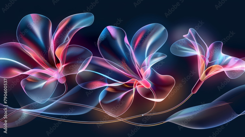   A pink-and-blue flower image, rendered on a dark backdrop, features elongated thin lines within its petals