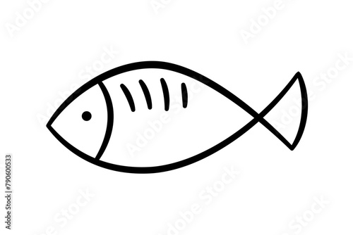 Doodle fish icon. Hand drawn sea fish. Children sketch drawing. Simple line art. Vector illustration isolated on white background.