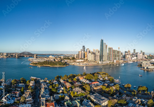 Sydney, Australia: Aerial of the famous Sydney bay and city skyline with the Sydney harbor bridge from the Balmain residential district on a sunny winter day