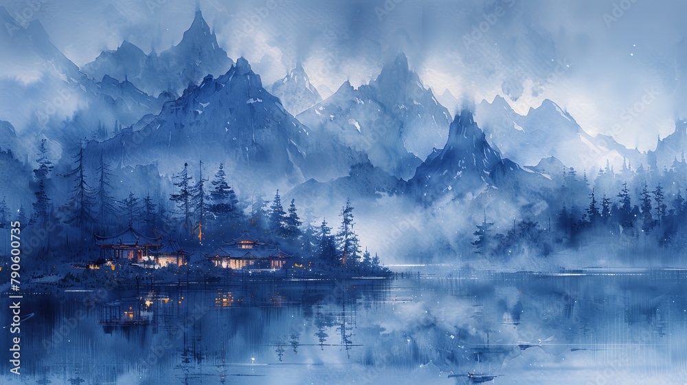 Serene mountain landscape with misty peaks and a calm reflective lake
