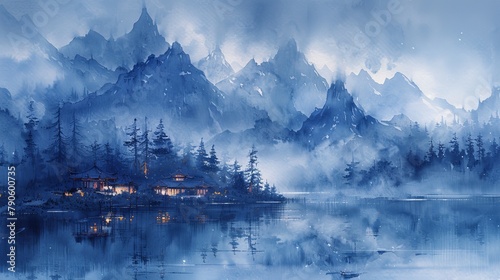 Serene mountain landscape with misty peaks and a calm reflective lake