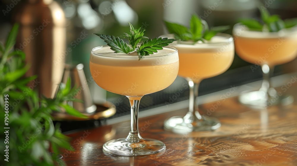 A tight shot of three glasses with beverages on a table, featuring a verdant plant in their midst A tight shot of three glasses with beverages on a table, featuring a verdant plant in their midst
